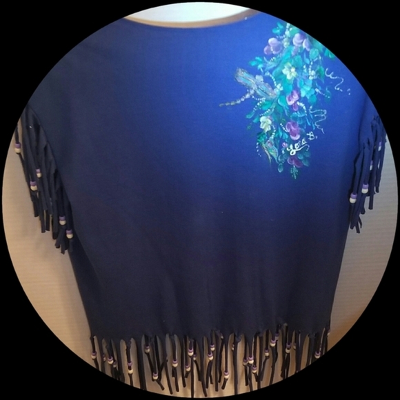 Painted tee with roses and hand cut fringe with metallic beads, painted Tee Art - Picture 3 of 5